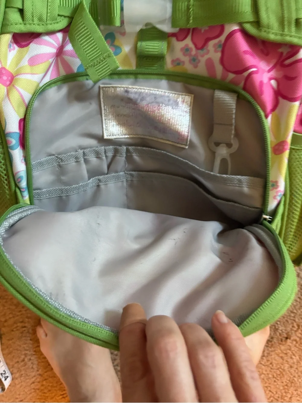 Pottery Barn Kids Pink Floral Backpack with Green Trim and Matching Lunch Bag